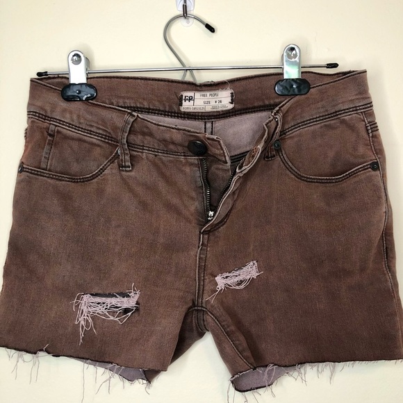 Free People Brown Denim Jean Cutoff Distressed Shorts Size 26 - Picture 1 of 5
